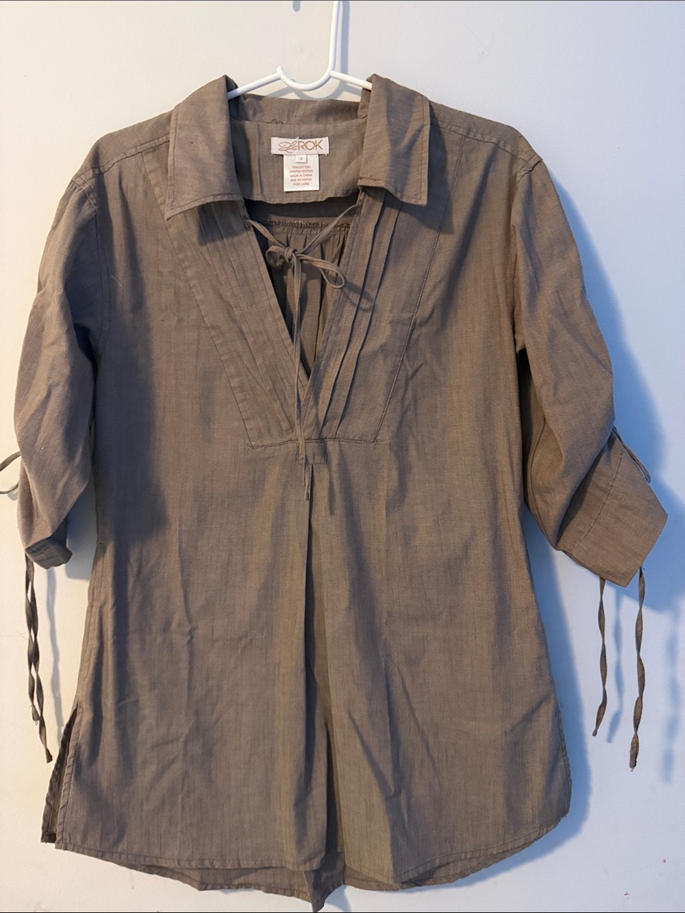 Olive Tie-Neck Peasant Top - Women's